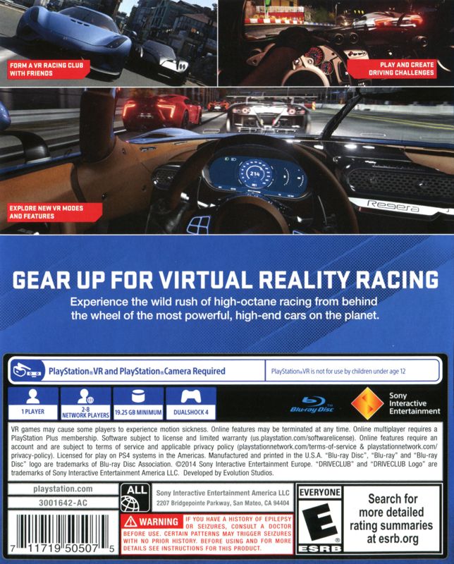 Back Cover for Driveclub VR (PlayStation 4)
