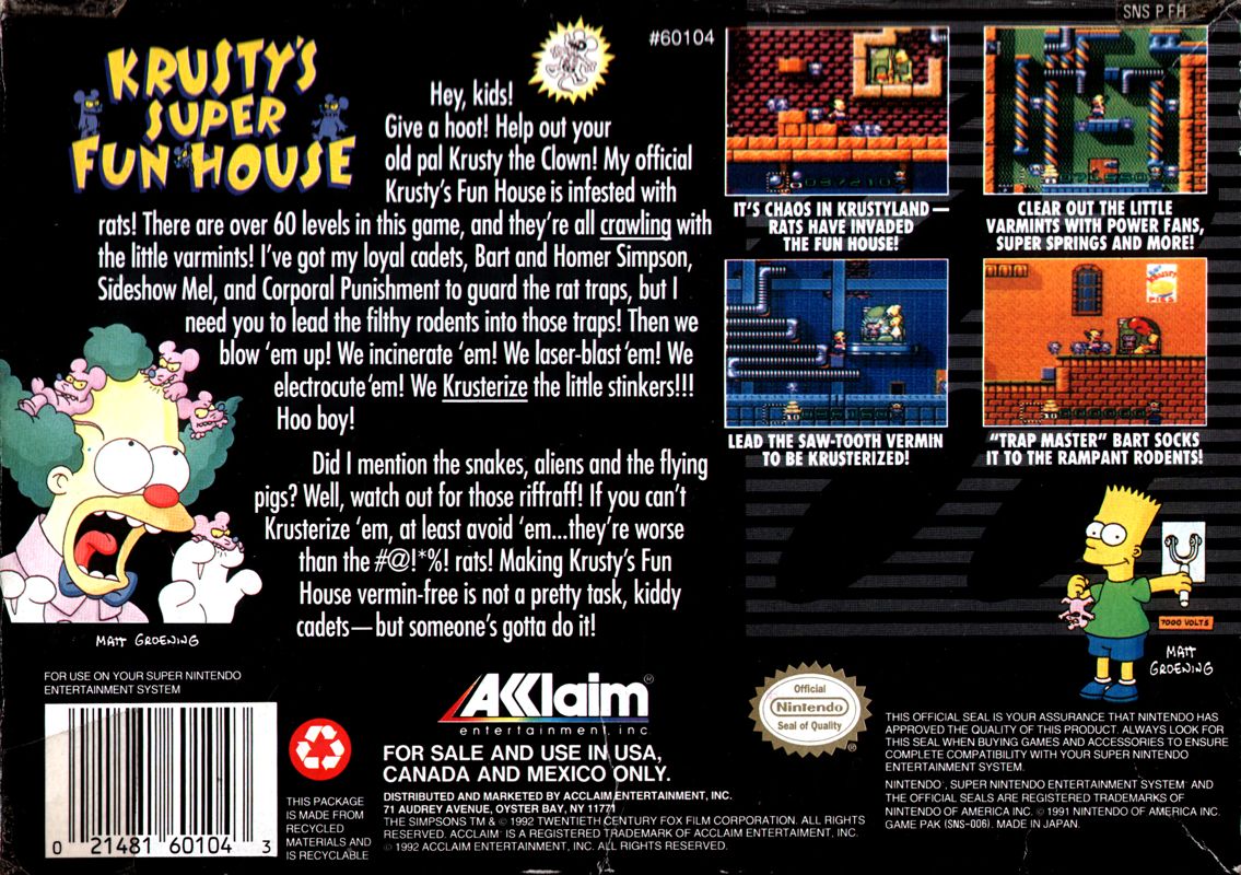 Back Cover for Krusty's Super Fun House (SNES)