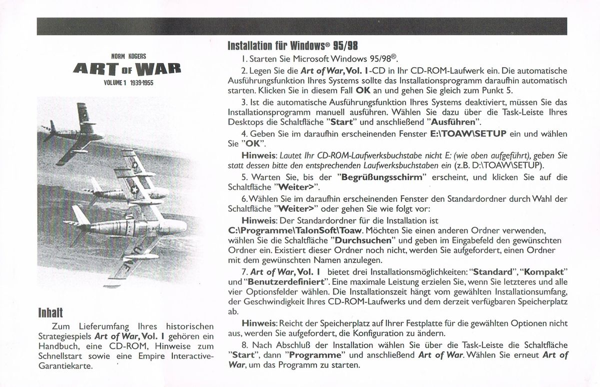 Extras for Norm Koger's The Operational Art of War Vol 1: 1939-1955 (Windows): Install Instructions - Front