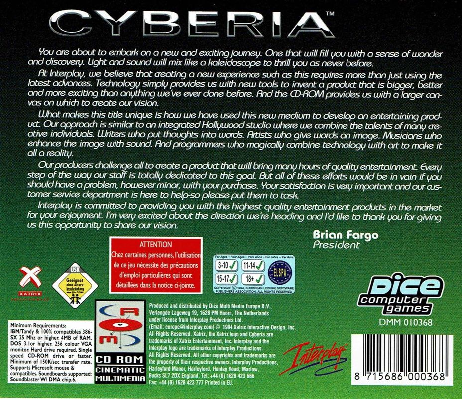 Other for Cyberia (DOS) (DICE release): Jewel Case - Back