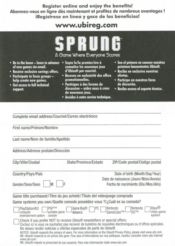 Extras for Sprung (Nintendo DS): Registration Card - Back