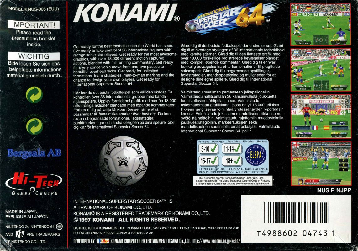 Back Cover for International Superstar Soccer 64 (Nintendo 64)