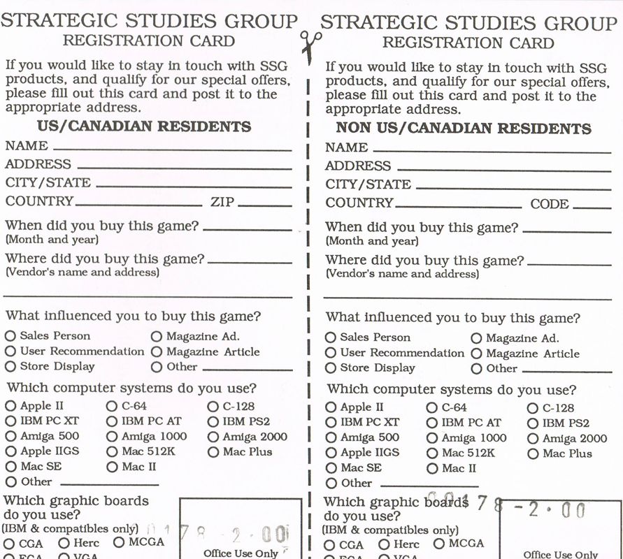 Extras for Carriers at War: Construction Kit (DOS): Registration Card - Back