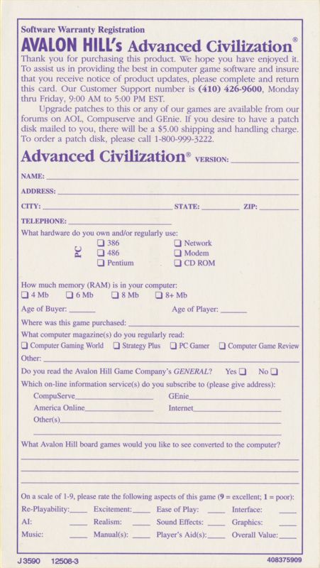 Extras for Advanced Civilization (DOS): Registration Card - Back