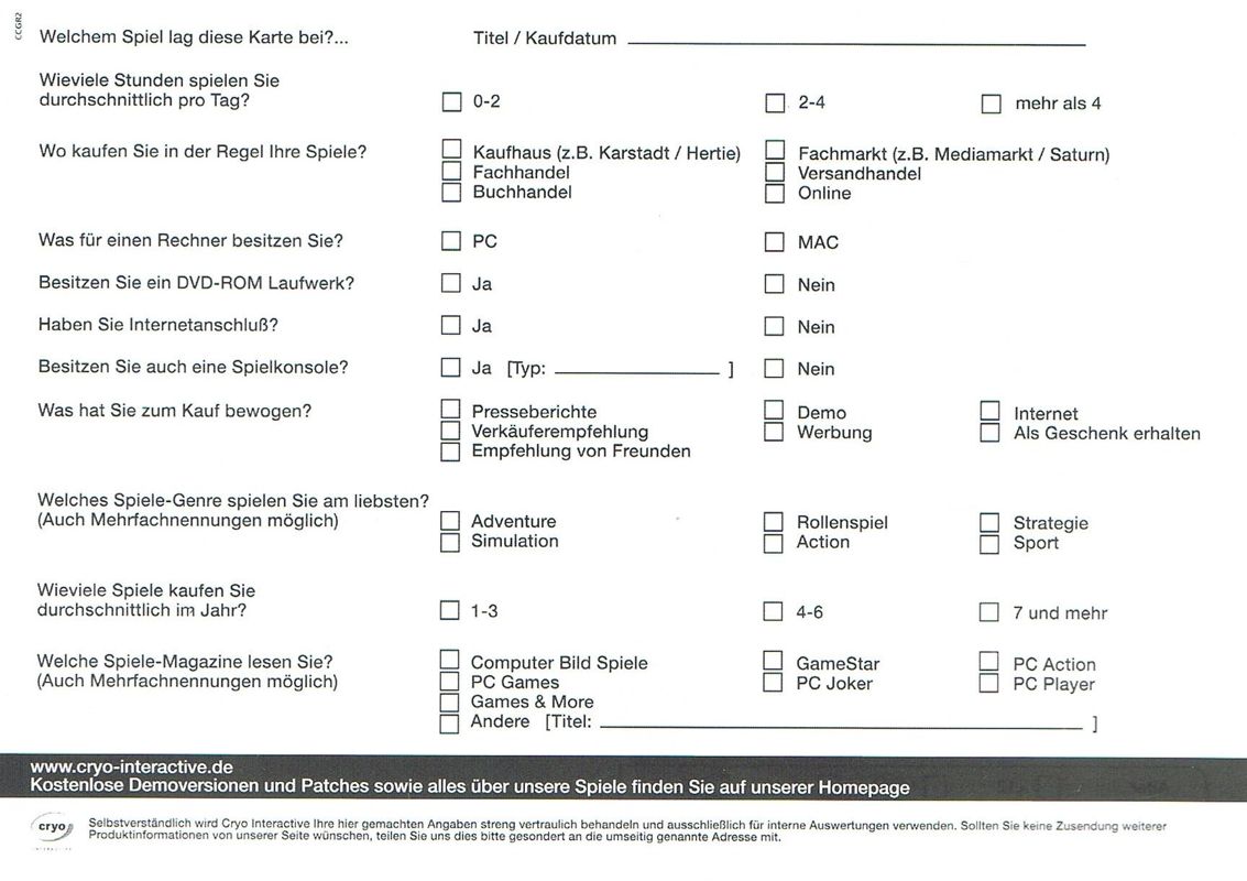 Extras for Persian Wars (Windows): Registration Card - Back