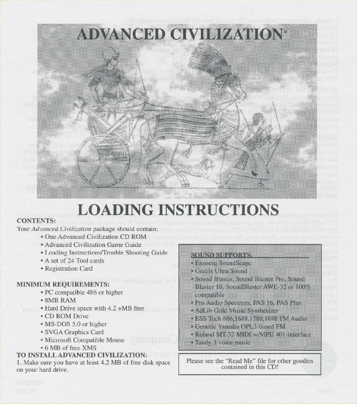 Extras for Advanced Civilization (DOS): Loading Instructions - Front
