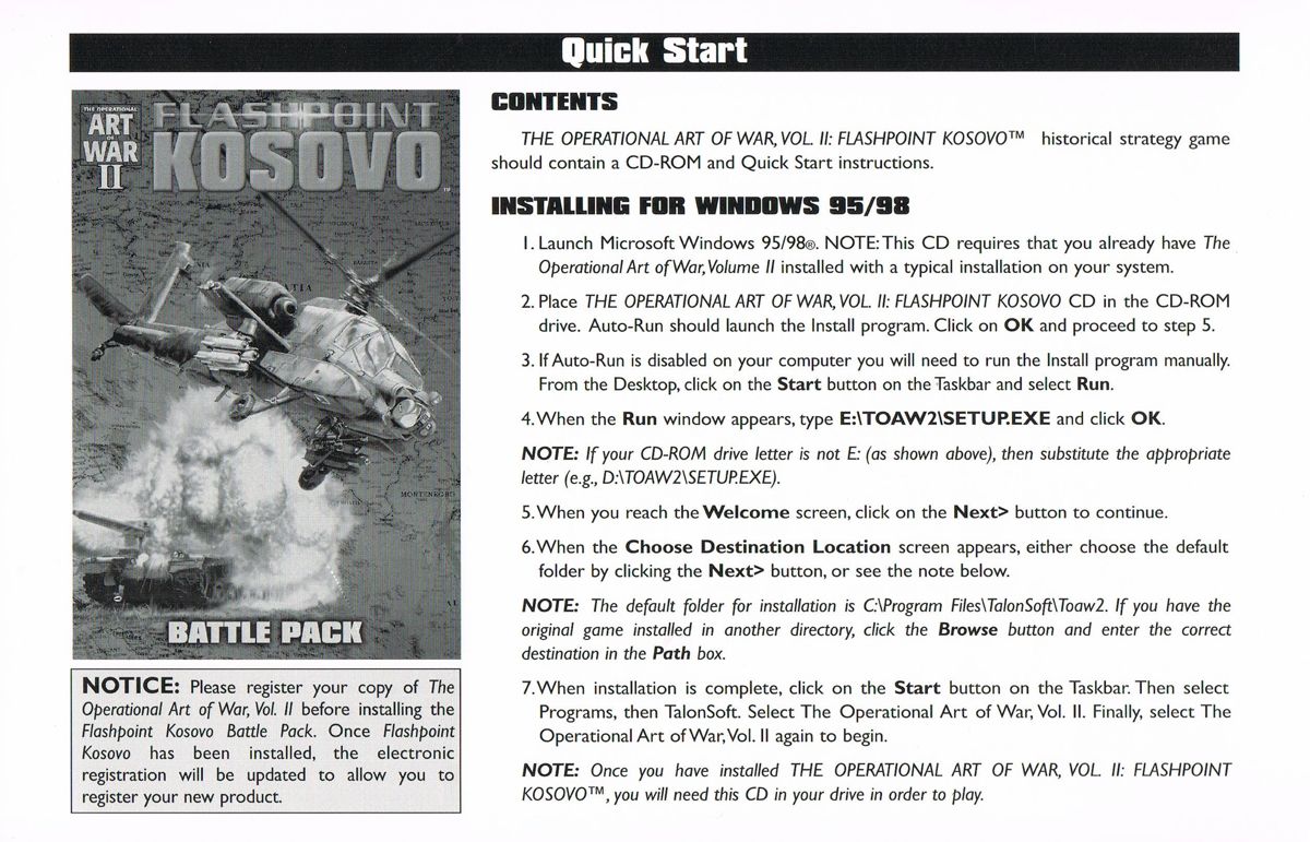 Extras for The Operational Art of War II: Flashpoint Kosovo (Windows): Quick Start Instructions - Front