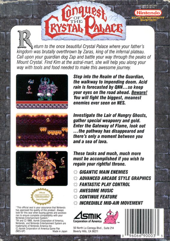 Back Cover for Conquest of the Crystal Palace (NES)