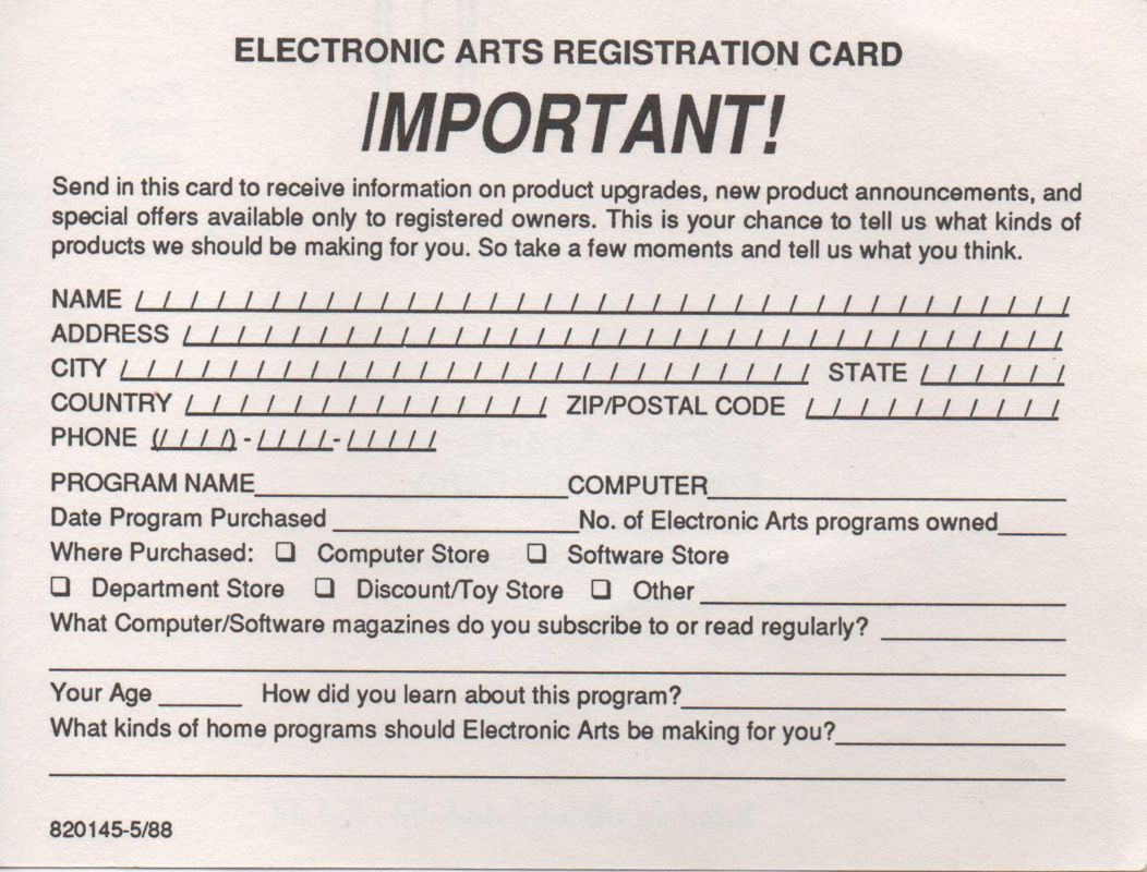 Extras for John Madden Football (Commodore 64): Registration Card - Bact