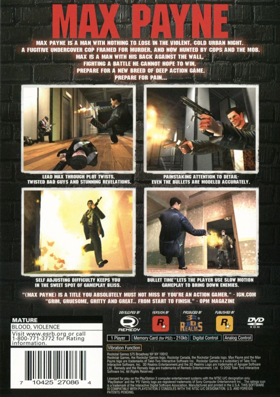 Back Cover for Max Payne (PlayStation 2) (Greatest Hits release)