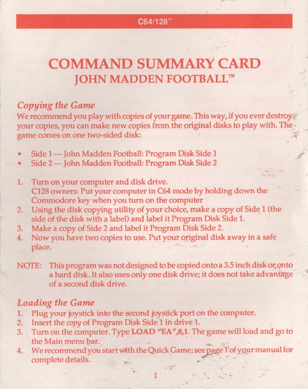Reference Card for John Madden Football (Commodore 64): Command Summary Card