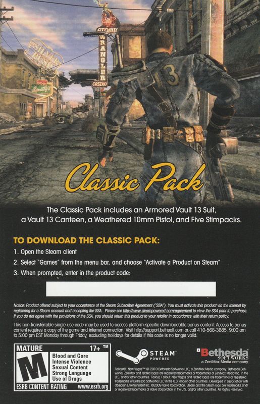 Other for Fallout: New Vegas (Windows): Bonus content card - Back (with code erased)