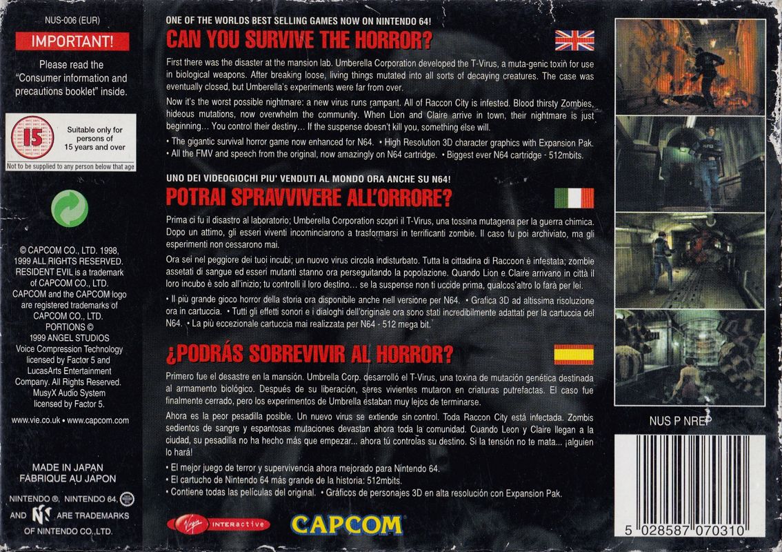 Back Cover for Resident Evil 2 (Nintendo 64)