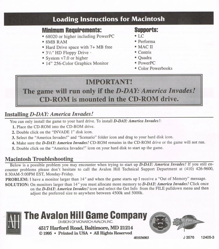 Extras for D-Day: America Invades (DOS and Macintosh): Loading Instructions - Back