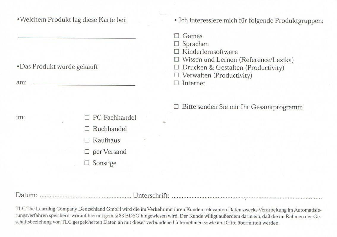 Extras for Close Combat: The Battle of the Bulge (Windows): Registration Card - Back