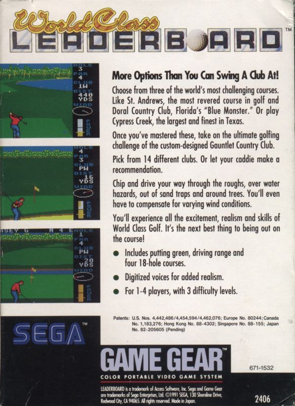 Back Cover for World Class Leader Board (Game Gear)