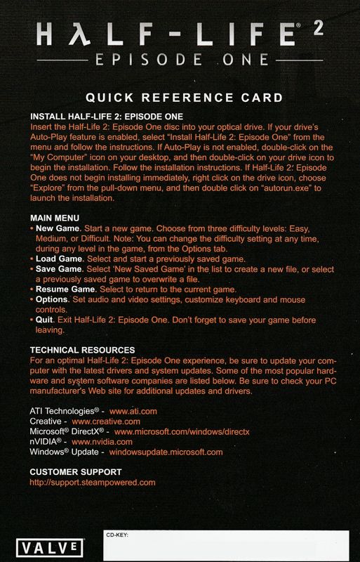 Reference Card for Half-Life 2: Episode One (Windows): Front (with code erased)