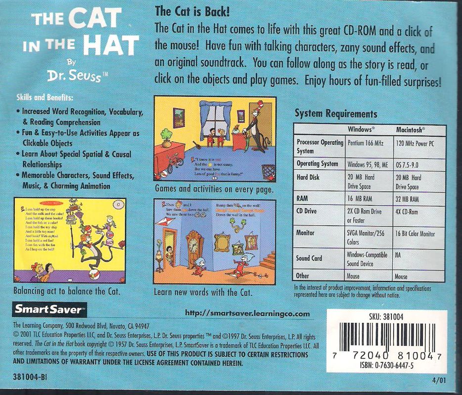 Back Cover for The Cat in the Hat (Macintosh and Windows) (2001 Smart Saver re-release)