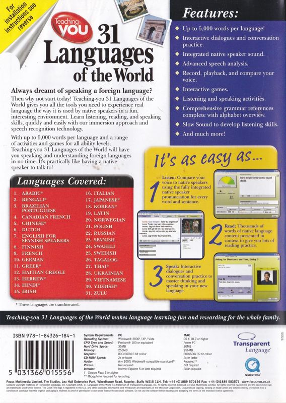 Back Cover for Teaching-you: 31 Languages of the World (Macintosh and Windows) (Second Edition)