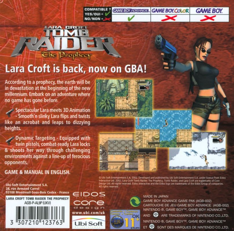 Back Cover for Lara Croft: Tomb Raider - The Prophecy (Game Boy Advance)
