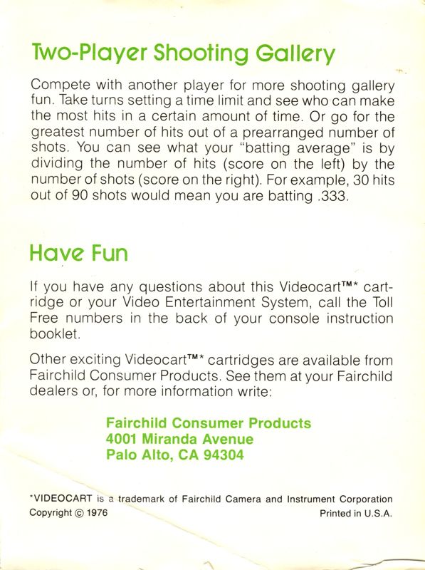 Manual for Videocart-2: Desert Fox, Shooting Gallery (Channel F): Back
