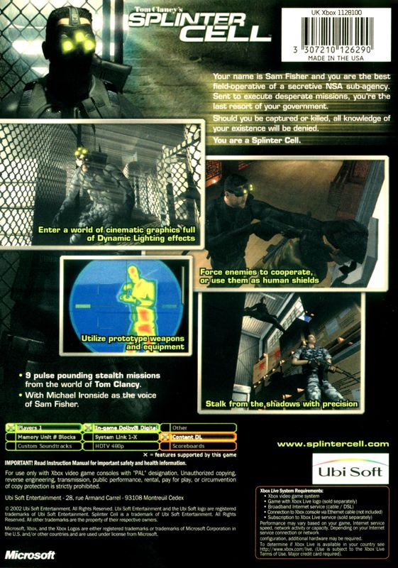 Back Cover for Tom Clancy's Splinter Cell (Xbox)