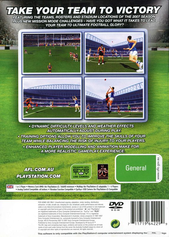 Back Cover for AFL Premiership 2007 (PlayStation 2)