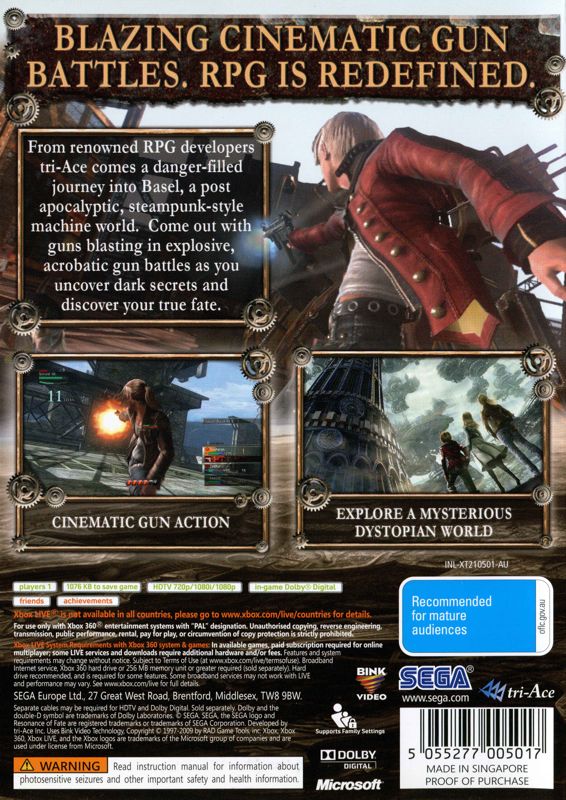 Back Cover for Resonance of Fate (Xbox 360)