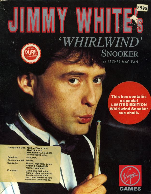 Front Cover for Jimmy White's 'Whirlwind' Snooker (Amiga) (Bundled with cue chalk and History and Rules of Snooker book)