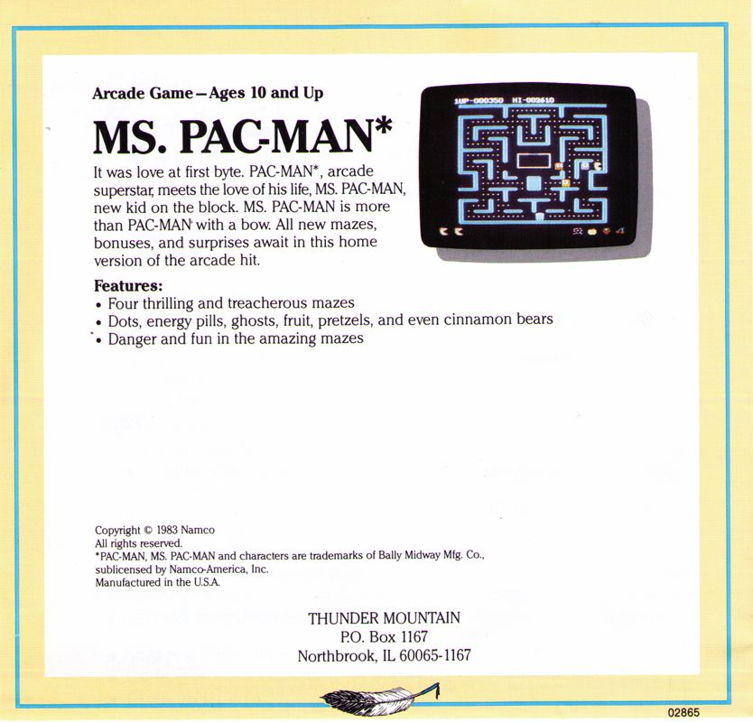 Manual for Ms. Pac-Man (PC Booter) (Thunder Mountain release): Back