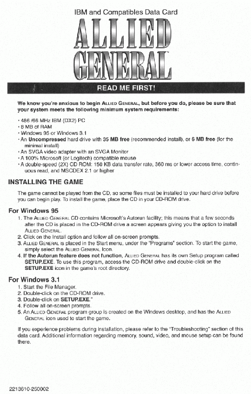 Extras for Allied General (Windows and Windows 16-bit): Data Card