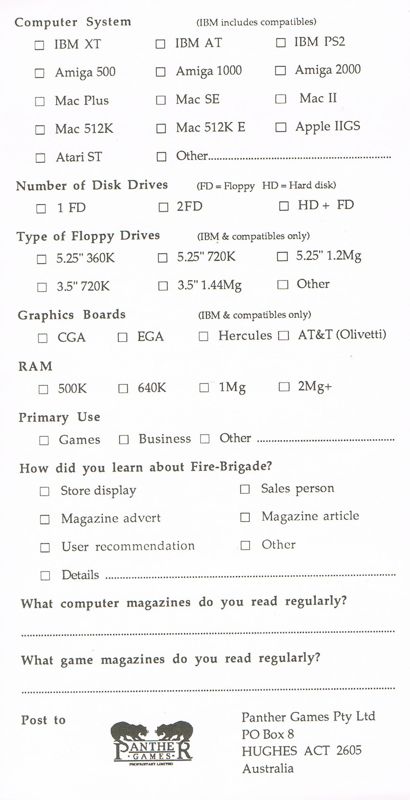 Extras for Fire-Brigade: The Battle for Kiev - 1943 (DOS) (5.25" Floppy Disk release): Registration Card - Back