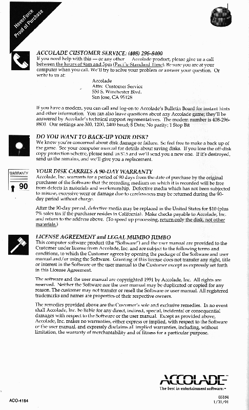Manual for Hoverforce (DOS): Back