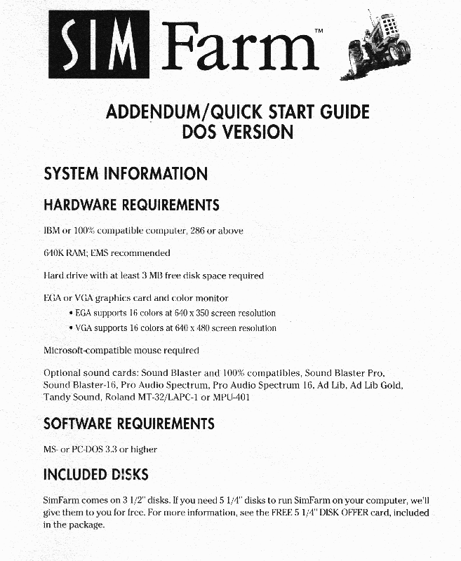 Extras for Sim Farm (DOS): Quick Start Guide - Front