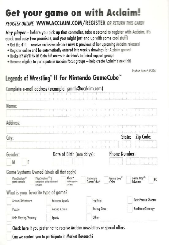 Extras for Legends of Wrestling II (GameCube): Regestration Card - Back