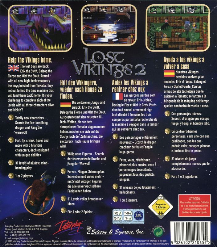 Back Cover for Norse by Norse West: The Return of the Lost Vikings (DOS and Windows)