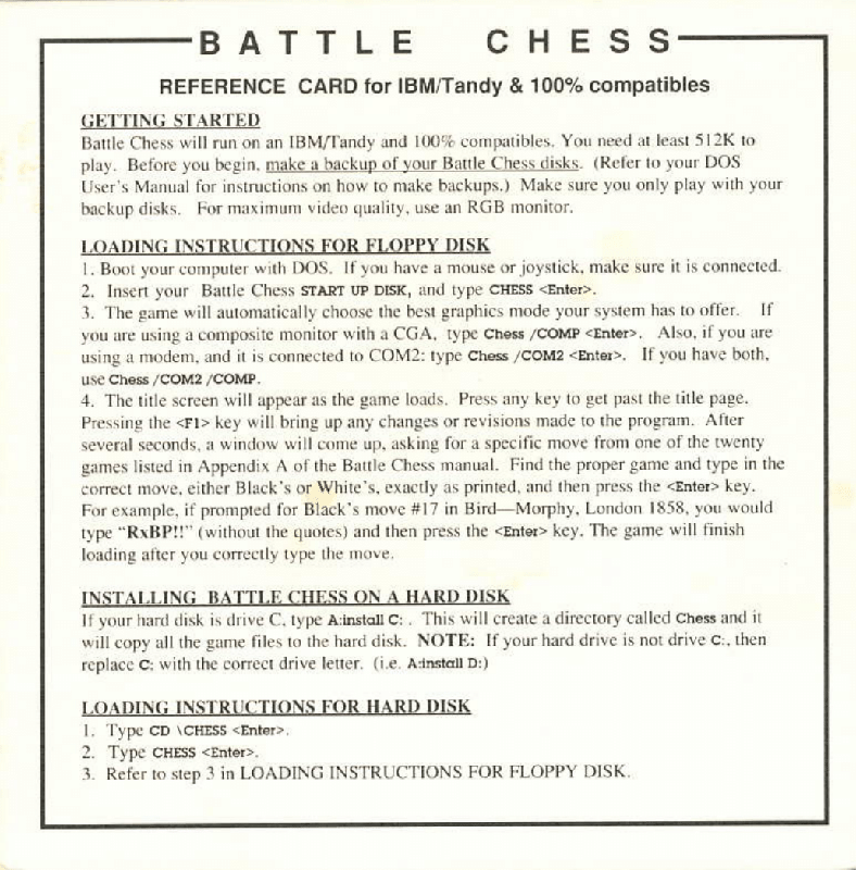 Extras for Battle Chess (DOS) (Dual-media release (with demo)): Reference Card