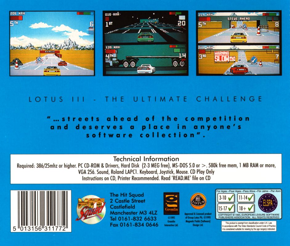 Back Cover for Lotus: The Ultimate Challenge (DOS) (UK Hitsquad / Regenerator release)