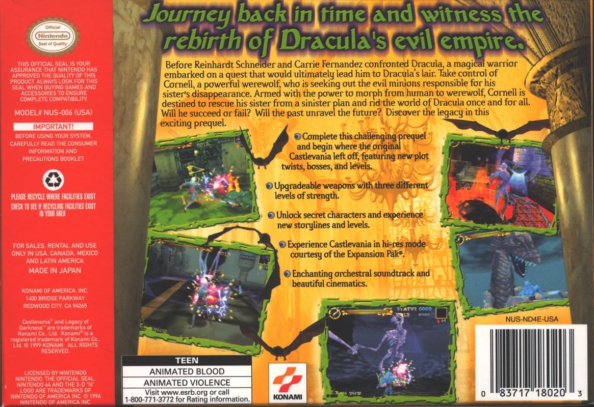 Back Cover for Castlevania: Legacy of Darkness (Nintendo 64)