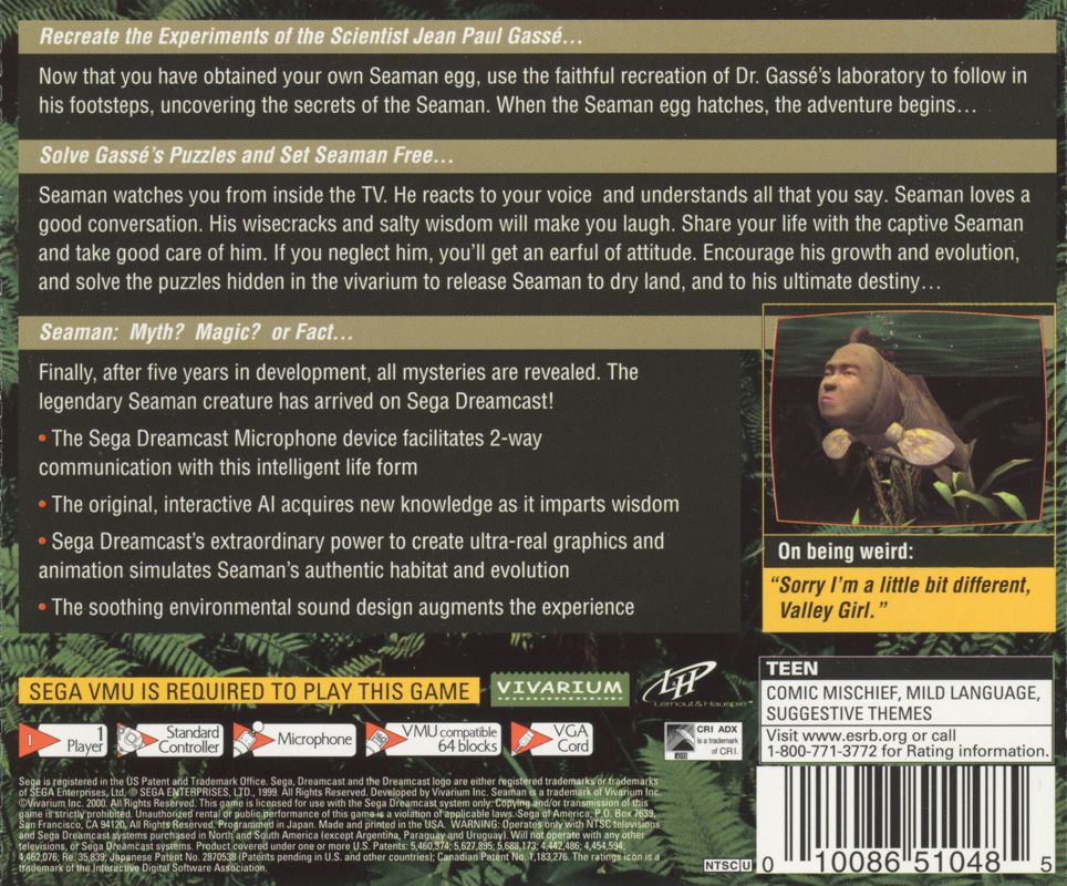 Other for Seaman (Dreamcast): Jewel Case - Back