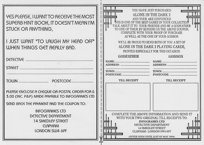 Extras for Alone in the Dark 2 (DOS) (3.5" Floppy re-release): Registration Card - Back