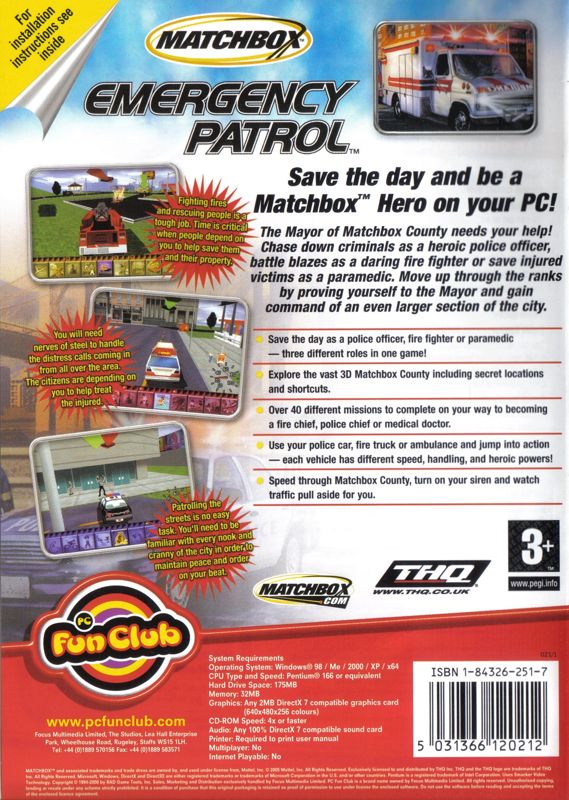 Back Cover for Matchbox: Emergency Patrol (Windows) (PC Fun Club release)