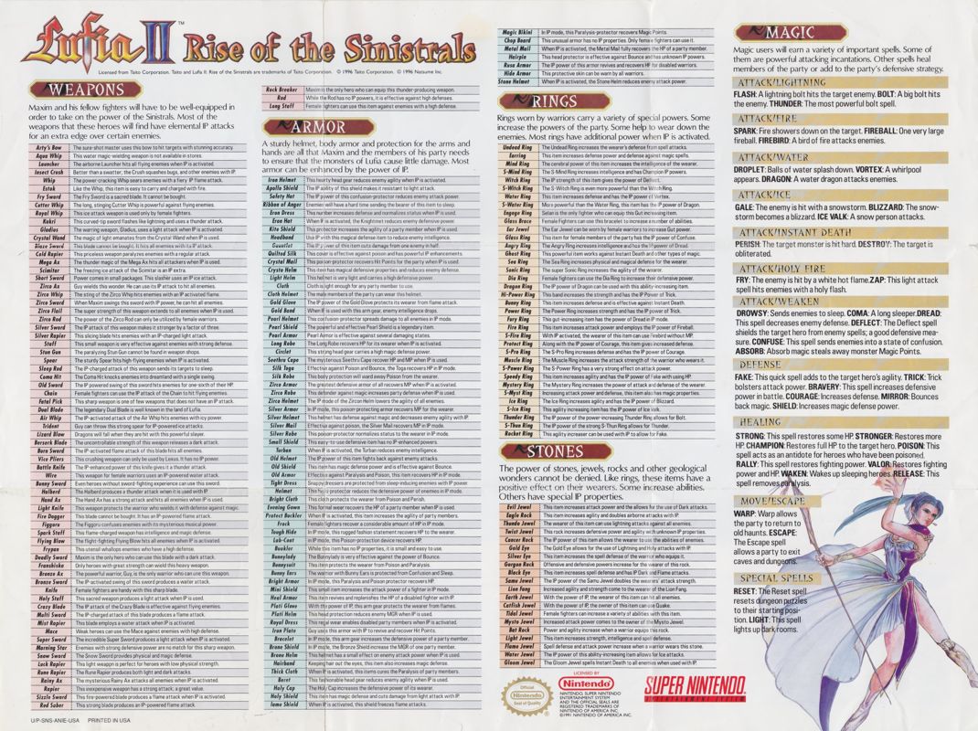 Reference Card for Lufia II: Rise of the Sinistrals (SNES)