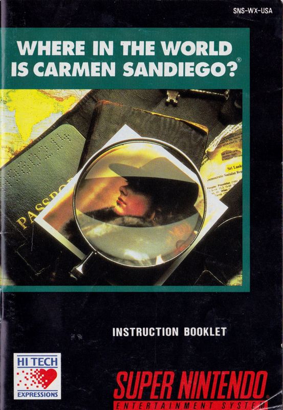 Manual for Where in the World is Carmen Sandiego? (Enhanced) (SNES) (Bundled /w Almanac): Front
