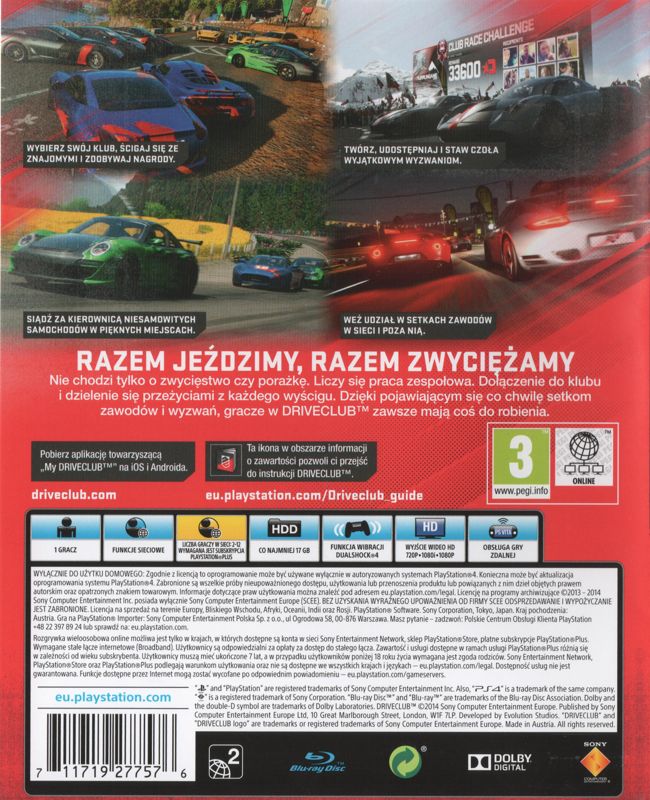 Back Cover for Driveclub (PlayStation 4)