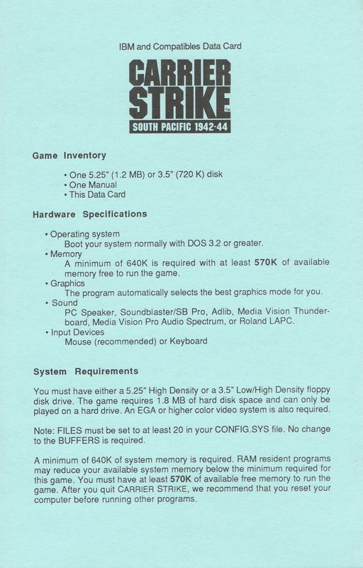 Extras for Carrier Strike: South Pacific 1942-44 (DOS) (5,25'' disk release): Install Instructions - Front