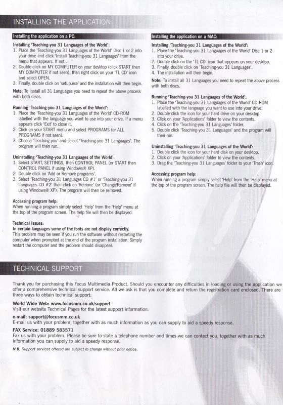 Inside Cover for Teaching-you: 31 Languages of the World (Macintosh and Windows) (Second Edition): Left