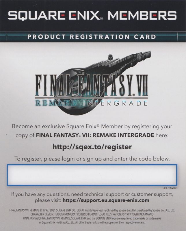 Extras for Final Fantasy VII: Remake - Intergrade (PlayStation 5): Square Enix Registration Flyer - Front