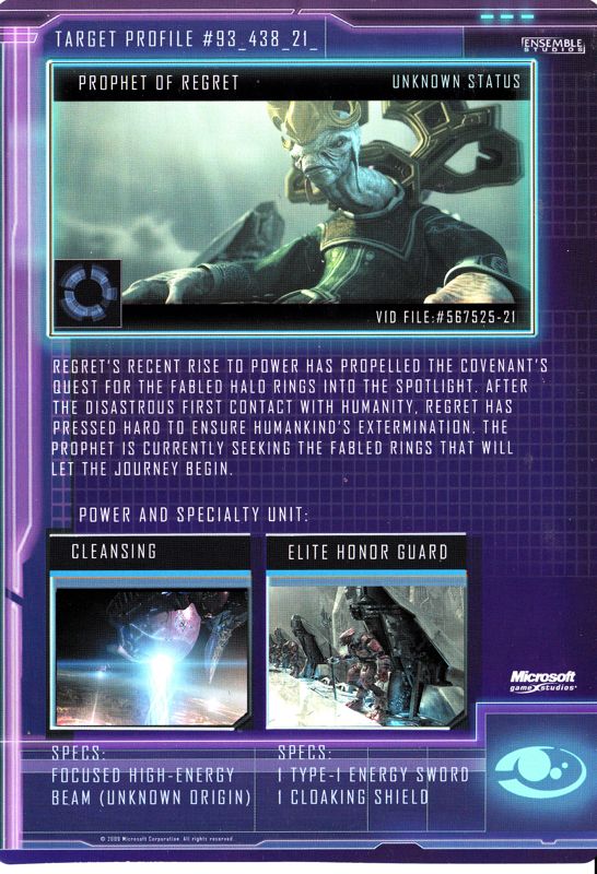 Extras for Halo Wars (Limited Edition) (Xbox 360): Prophet of Regret Leader Card - Back