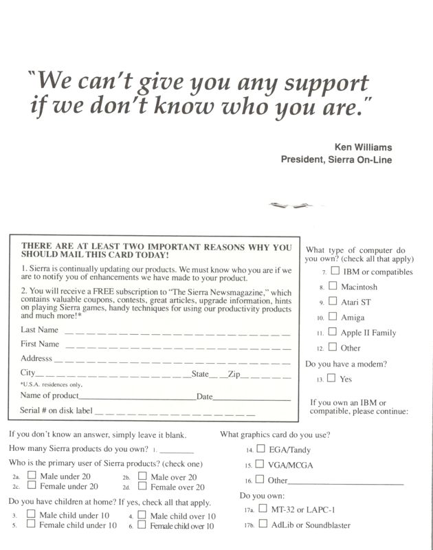 Extras for Leisure Suit Larry 5: Passionate Patti Does a Little Undercover Work (Amiga): Registration Card - Front